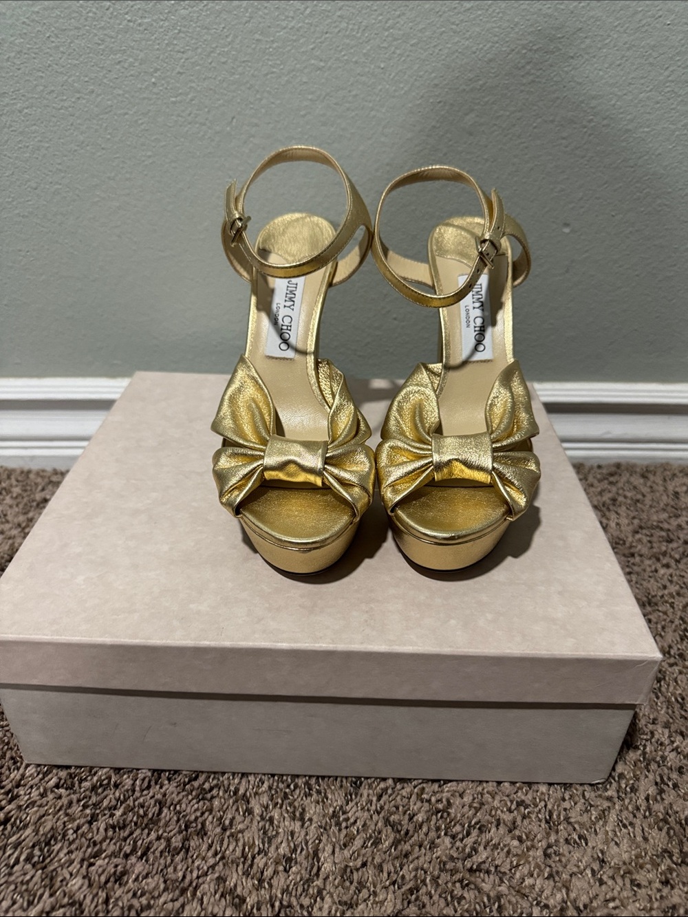Jimmy Choo Metallic Gold Bow Platform Sandals